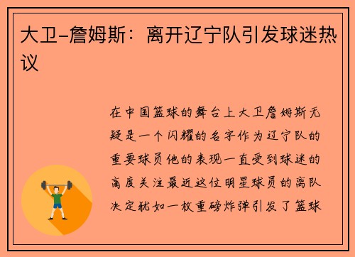 大卫-詹姆斯：离开辽宁队引发球迷热议
